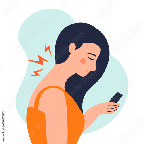 Young woman has a neck pain because of using smartphone with wrong posture.  Cause of health problem. Vector