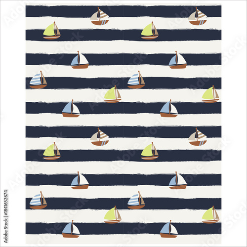 Sailboat seamless pattern with marine nautical stripes background