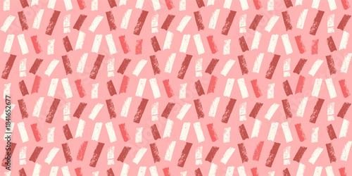 Small dash lines coquette seamless pattern. Surface pattern design geometric handmade girly crayon motif. Hand drawn mini pink red streaks texture. Vector repeat whimsical background illustration.