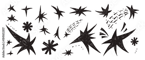 Charcoal space stars with chalk-like texture set. Hand-drawn doodle elements in black. Perfect for creative illustrations, stickers, and graphic designs. Vector linocut blinks spark elements isolated.