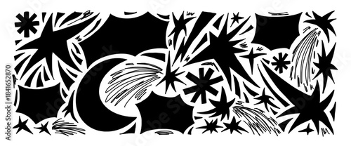 Space stars cutout paper silhouette abstract geometric shapes background. Geometry and sparks, moon, bang collage figures. Scrapbook stickers with blinks, crescent, comet shape. Vector illustration.