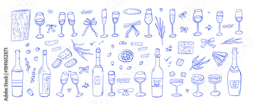 Wine, cheese doodle set. Italian hand drawn mediterranean drinks tasting party. Sketch line drawing cocktail charcuterie scribble whimsical illustration. Vector wineglasses, bottles isolated no bg.