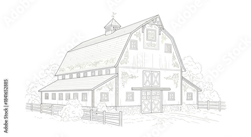 Intricate line drawing of a classic American barn, showcasing rural architecture and design elements