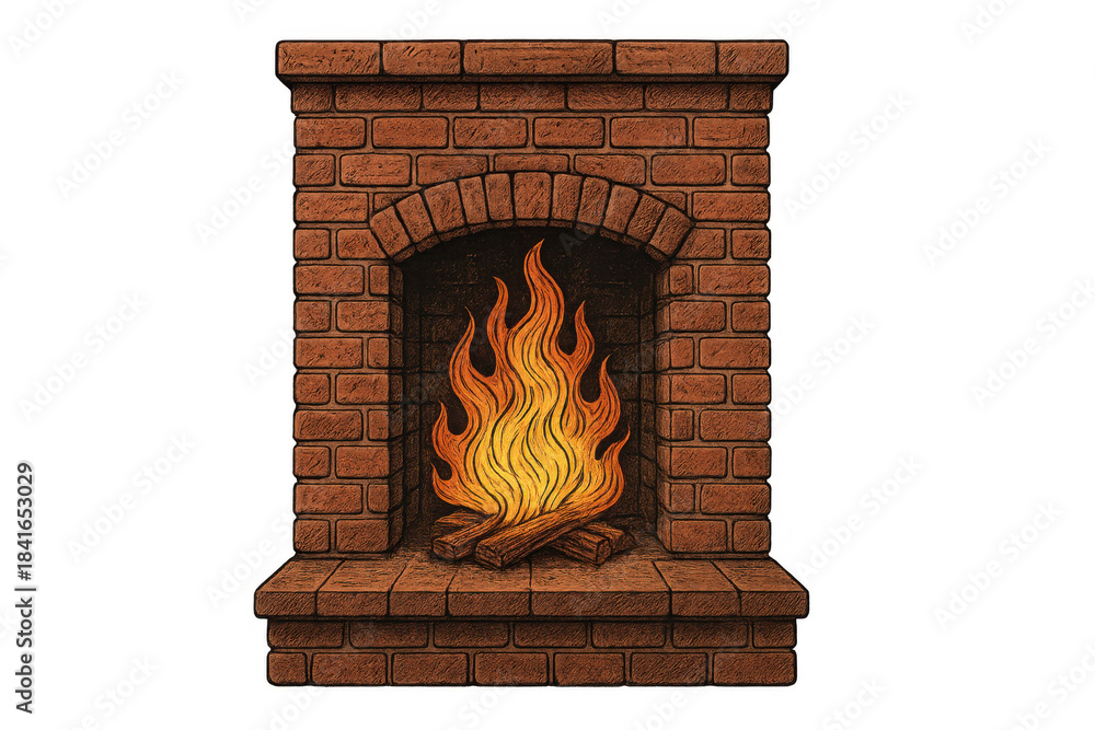 Obraz premium Brick fireplace with burning wood logs and warm flames illustrating comfort and cozy home atmosphere