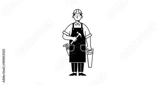 Line drawing of a construction worker with tools, showcasing craftsmanship and expertise