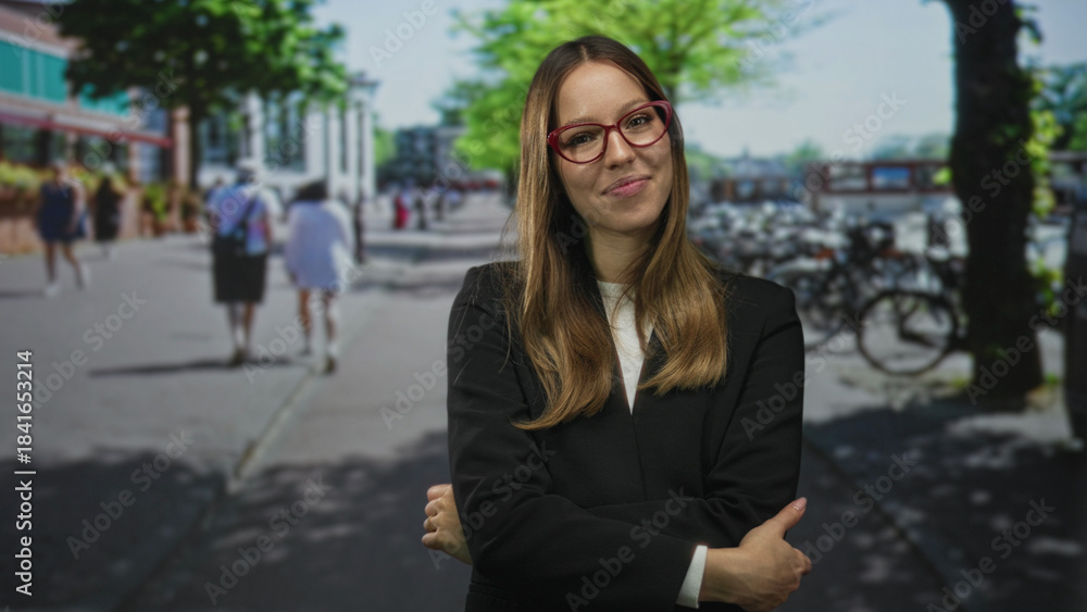 Fototapeta premium Woman with red glasses crosses arms on street near parked bicycles and pedestrians by a tree and building; confidence approachable professional.