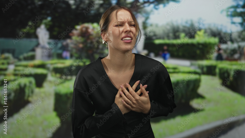 Fototapeta premium Woman clutching chest for heartattack in forest pathway beside hedge with hands pressed to sternum and grimace; medical emergency pain.