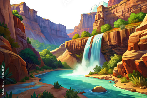 Havasu Falls features striking turquoise water flowing over vibrant red rock, forming one of the most visually stunning and remote waterfall locations within the Grand Canyon region