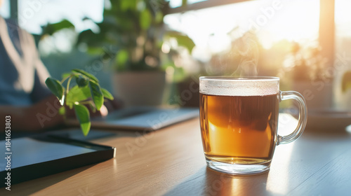 Warm cup of herbal tea sits on wooden table in bright office, radiating comfort and tranquility