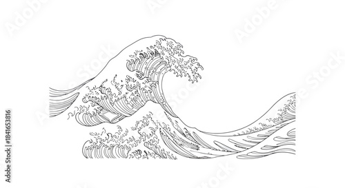 Illustrative depiction of a powerful surging wave with swirling crests and linear accents