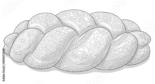 Intricate braided bread loaf illustration, showcasing detailed floral patterns and refined line