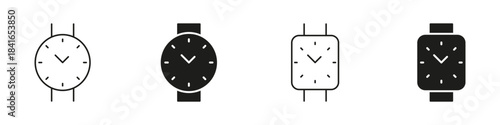 Round And Square Wristwatch Icon Set. Timekeeping, Fashion Accessory, And Style Outline And Silhouette Symbol Collection. Classic And Modern Watch Designs. Isolated Vector Illustration