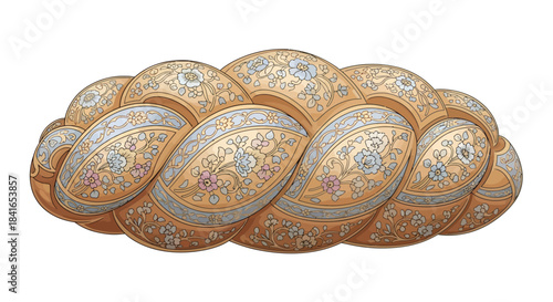 Intricate braided ornament with golden hues and delicate floral patterns illustration