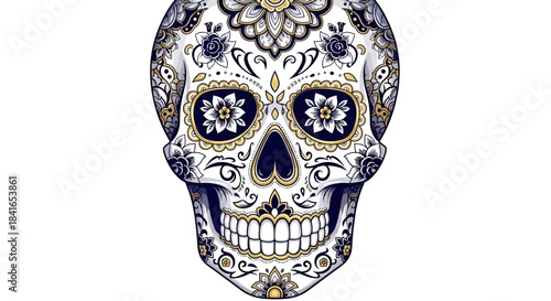 Intricate decorative sugar skull artwork with floral patterns against white backdrop