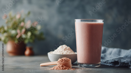 Smoothie glass with protein powder scoop and fitness ingredients, perfect for health enthusiasts
