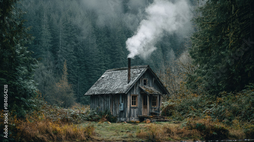 Cozy wooden cabin forest with smoke rising from chimney, surrounded by lush greenery and trees