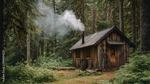 Cozy wooden cabin nestled lush forest, with smoke gently rising from chimney, creating serene