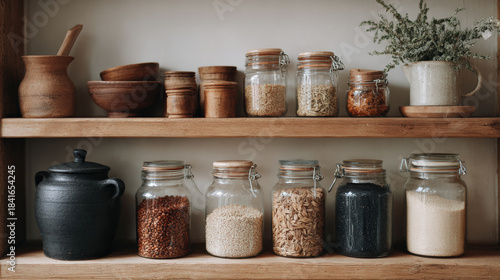 Natural pantry display with jars, grains, and wooden containers showcasing zero waste lifestyle