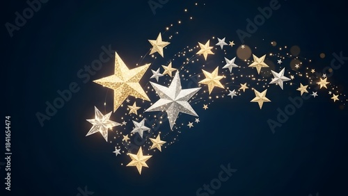 Sparkling gold and silver stars on a dark blue background with a celestial feel