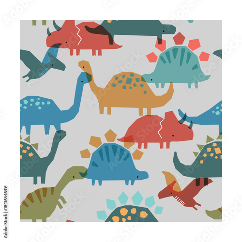 Dinosaur seamless pattern with colorful prehistoric reptiles