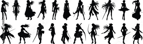 PrintAnime female warrior and fantasy heroines silhouettes set, diverse group of standing women holding swords and bows, vector illustration for games, comics, and graphic design.