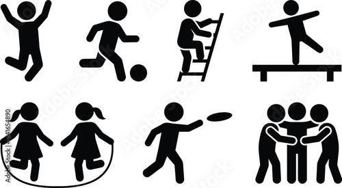 Children activity icons showing sports and play, kids running jumping climbing balancing skipping teamwork symbols, playful youth recreation silhouette collection for education design