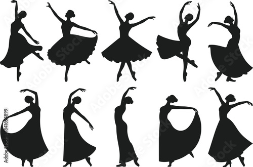 PrintBallet dancer silhouette, graceful pose vector, classical dance movement, black graphic illustration, elegant form icon, performance art design