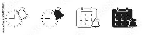 Alarm Clock And Calendar Reminder Icon Set. Time Management, Scheduling, And Notification Outline And Silhouette Symbol Collection. Efficient Planning And Organization. Isolated Vector Illustration