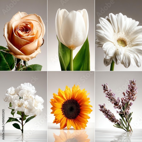 Collection of six beautiful blooming flowers.
