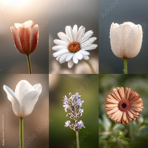 Various flowers captured in soft sunlight.