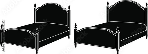 PrintBed silhouette illustration, furniture vector, ornate headboard, footboard design, bedroom layout, black graphic, interior decor, home furnishing icon