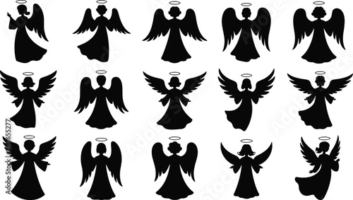 PrintAngels Silhouette Collection Vector, Holy Christmas Decoration, Divine Christianity Symbolism, Religious Spirituality, Faith and Heavenly Figures.