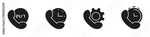 Phone Service Icons Solid Icon Set. Customer Support, 24-7 Availability, Technical Assistance, And Time Management Silhouette Symbol. Communication And Efficiency. Isolated Vector Illustration