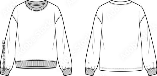 PrintCropped Oversized Crewneck Sweatshirt Flat Technical Sketch for Fashion Design, Casual Apparel Vector Illustration, Raglan Long Sleeve, Ribbed Hem and Cuff, Front and Back View