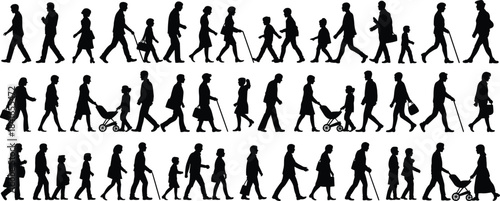 PrintDiverse walking people black silhouettes set, various generations including elderly, adults, and children, carrying bags, walking with sticks, and pushing strollers, vector collection
