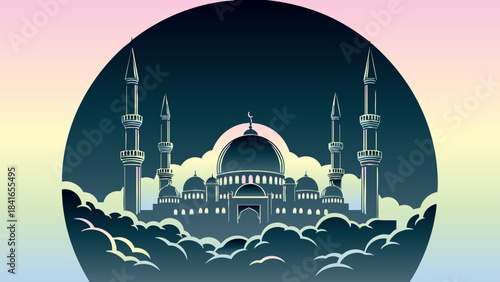 Silhouette of a grand mosque with towering minarets rising above soft clouds at twilight