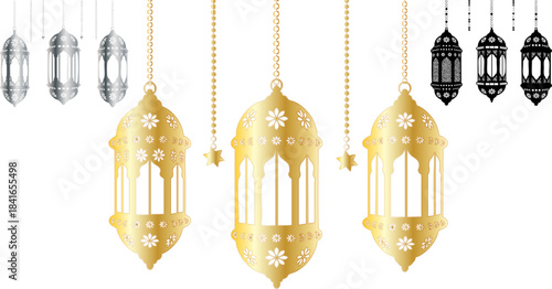 Beautifully ornate golden islamic lanterns hanging against a dark background for ramadan celebration