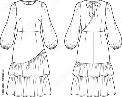 PrintFashion illustration, technical sketch, dress design, puff sleeves, tiered skirt, princess seams, bow detail, garment construction, pattern making, apparel template