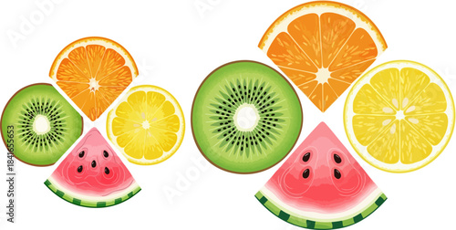 Vibrant arrangement of fresh citrus and kiwi fruit slices creating a healthy summer food design element