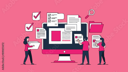 Team collaboration managing digital documents and data organization on a large computer screen