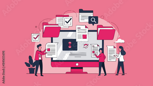 Digital document management and data organization illustration with tiny people working on a large screen