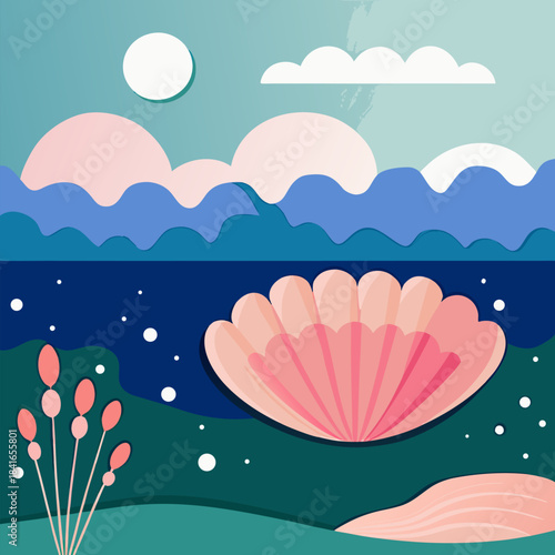 Minimalist Ocean Beach Scene with Seashell Vector Illustration