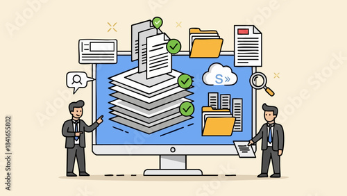 Business professionals managing digital document workflow and cloud data storage on a large computer screen