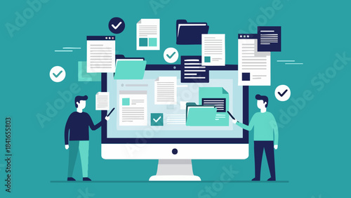 Two professionals managing digital documents and organizing files on a large computer screen interface