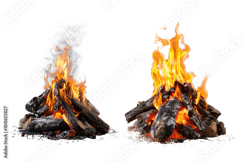 Isolated campfires: one with white smoke and blazing flames, another purely with vibrant isolated on transparent background