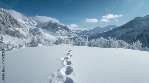 Drone tracking over snowy alpine meadow following footprints toward sunlit mountain valley