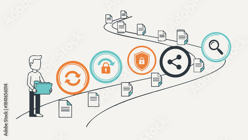 Businessman manages digital document workflow involving security synchronization sharing and search processes