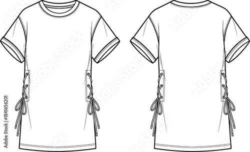 PrintTunic top, fashion illustration, technical sketch, short sleeve, lace-up detail, round neck, garment design, apparel template, sewing pattern, clothing mockup