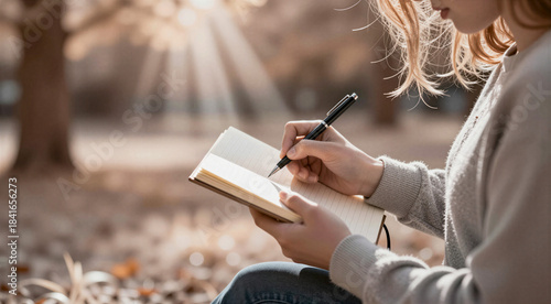 a person sitting on the ground in a wooded area, writing in a notebook with a black pen. The person is wearing a beige sweater and blue jeans. The notebook is open