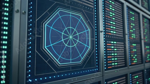 High-tech control panel with intricate designs and illuminated components, showcasing advanced technology and data management.